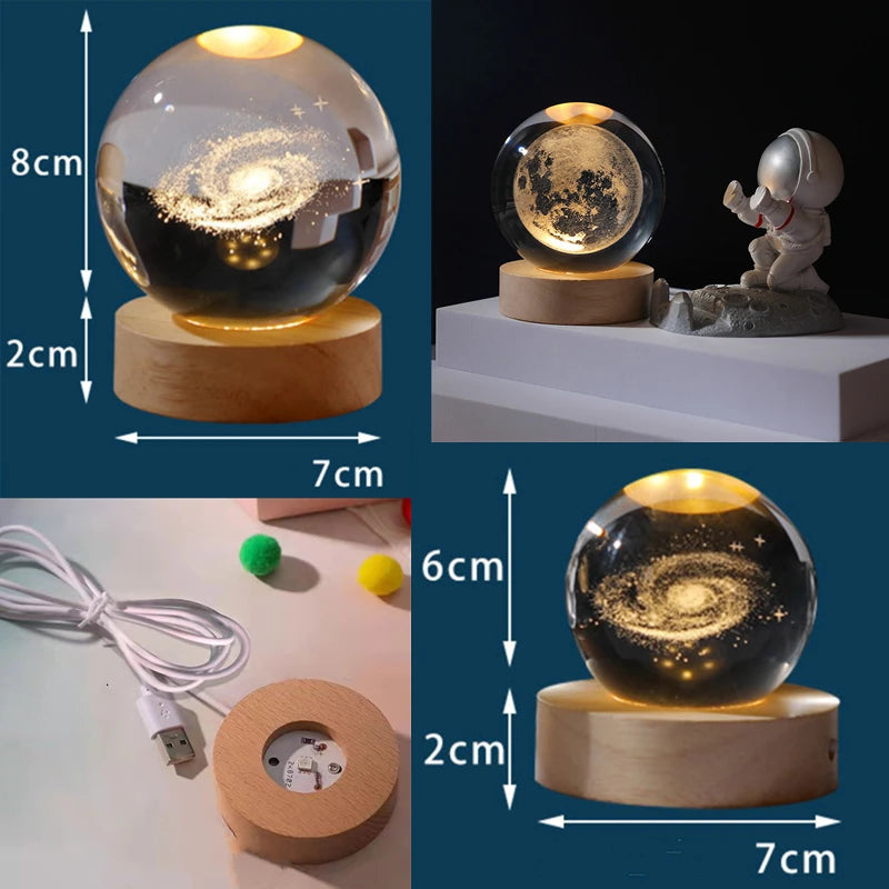 6/8Cm Crystal Ball Crystal Astronaut Planet Globe 3D Laser Engraved Solar System Ball LED Light Base Astronomy Gift Home Decor