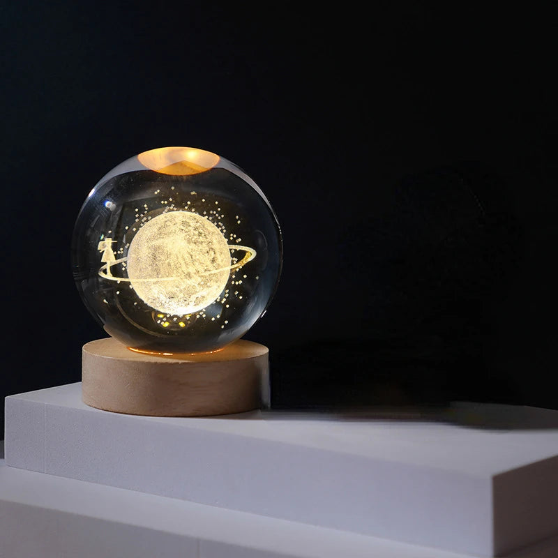 6/8Cm Crystal Ball Crystal Astronaut Planet Globe 3D Laser Engraved Solar System Ball LED Light Base Astronomy Gift Home Decor