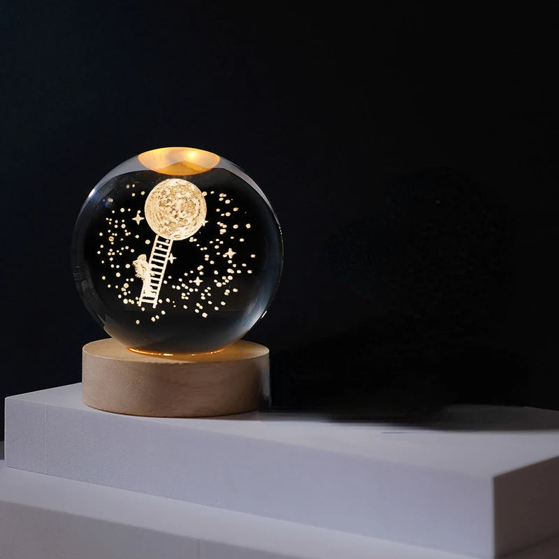 6/8Cm Crystal Ball Crystal Astronaut Planet Globe 3D Laser Engraved Solar System Ball LED Light Base Astronomy Gift Home Decor