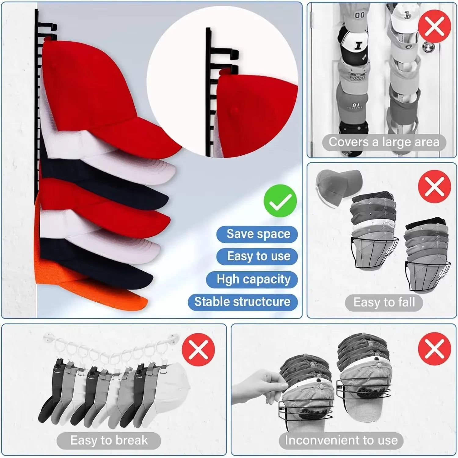 10Grids Wall Mounted Cap Rack Hat Holder Baseball Cap Towel Rack Holder Closet Hanger Storage Organizer Accessories Space Saving