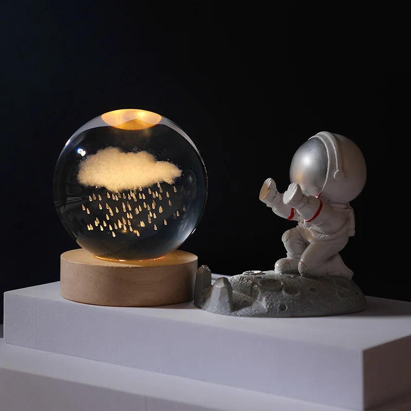 6/8Cm Crystal Ball Crystal Astronaut Planet Globe 3D Laser Engraved Solar System Ball LED Light Base Astronomy Gift Home Decor